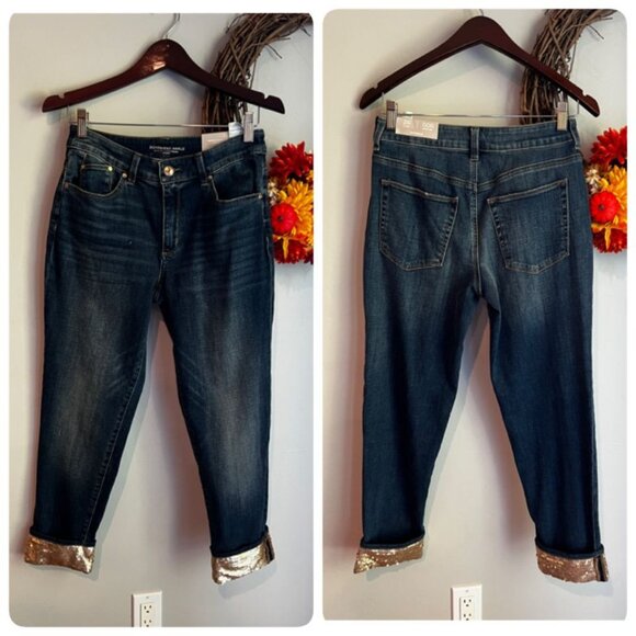 Chico's Blue Cropped Jeans with Gold Trim - Picture 1 of 10
